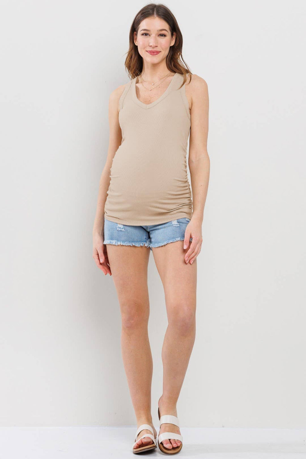 Ruched V-Neck Maternity Ribbed Tank Top in Sand