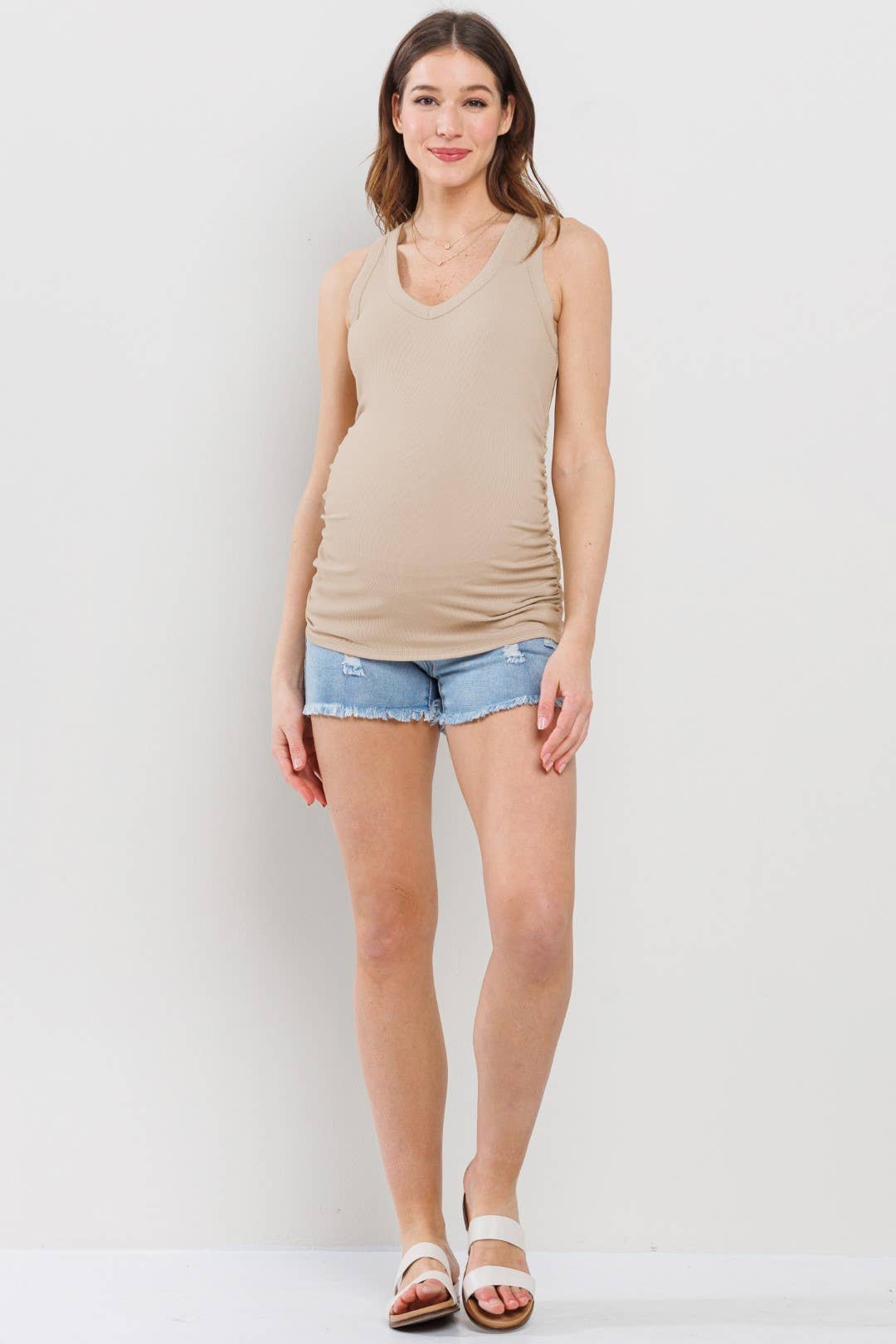 Ruched V-Neck Maternity Ribbed Tank Top in Sand