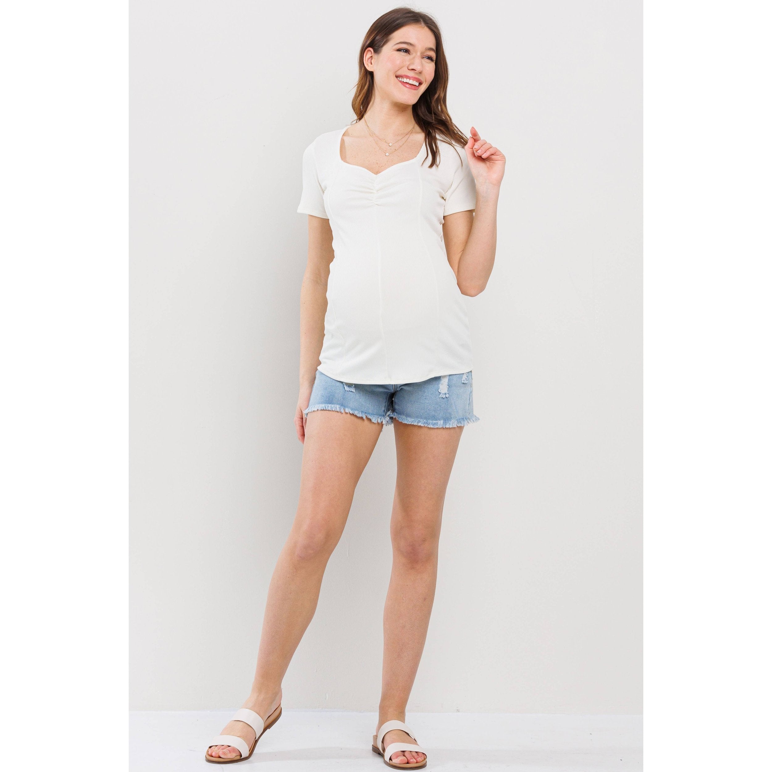 Cream Sweetheart Ribbed Maternity Short Sleeve Top
