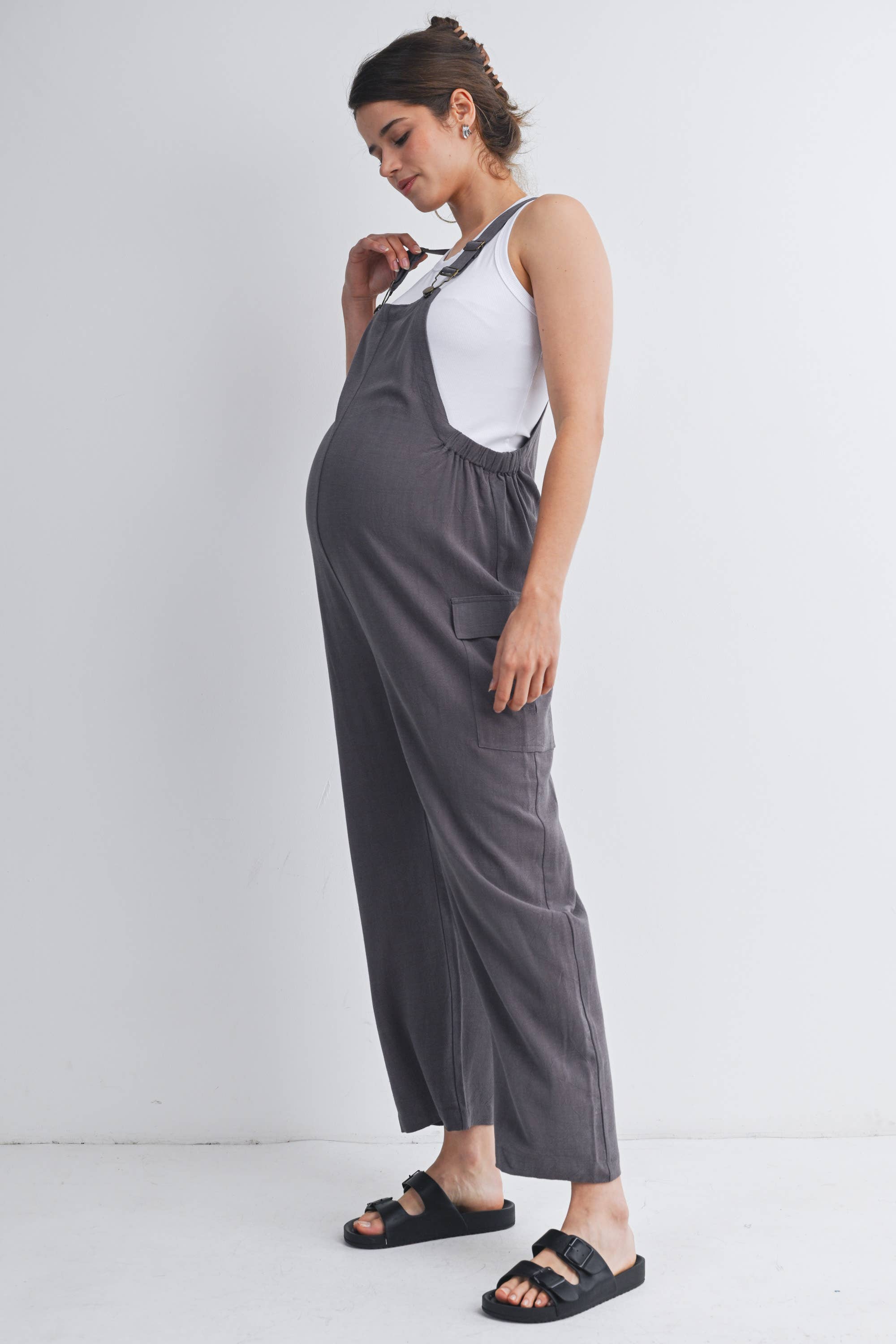 Straight Leg Maternity Adjustable Overalls in Gray