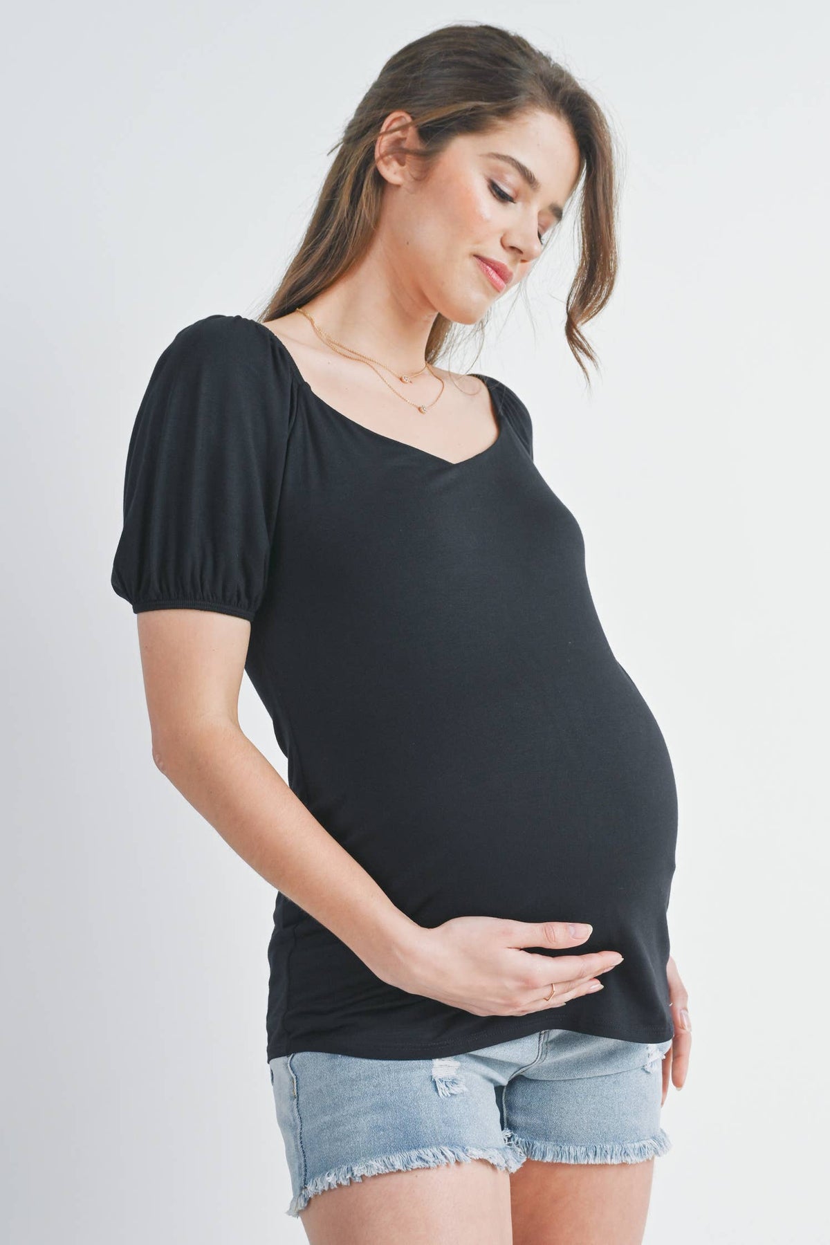 Sweetheart Short Sleeve Maternity Top in Black