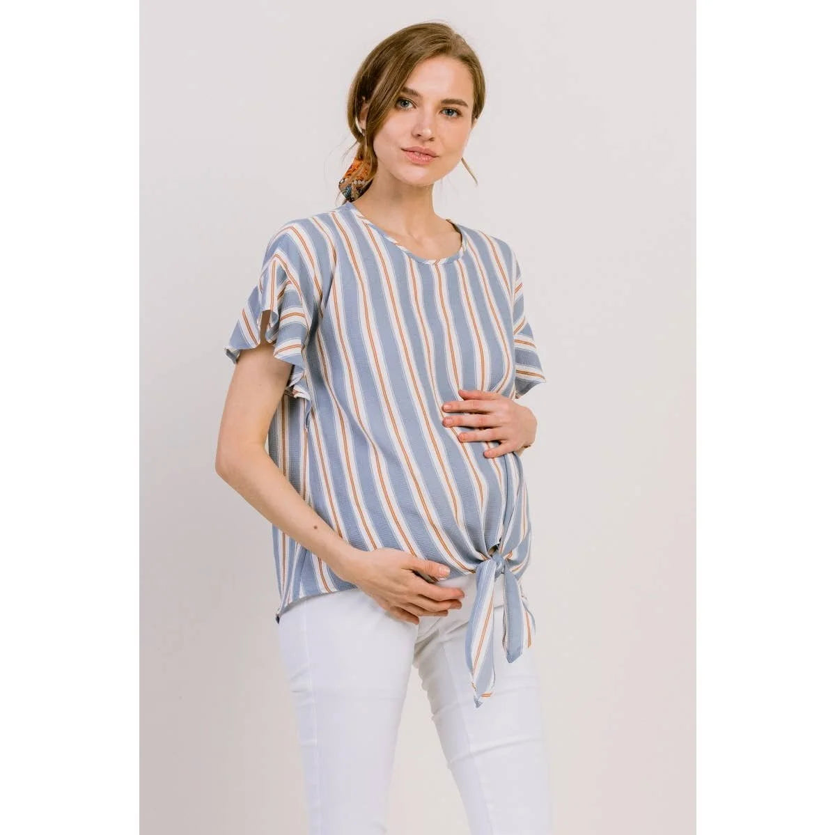 Blue Striped Ruffle Sleeve Round Neck Maternity Blouse