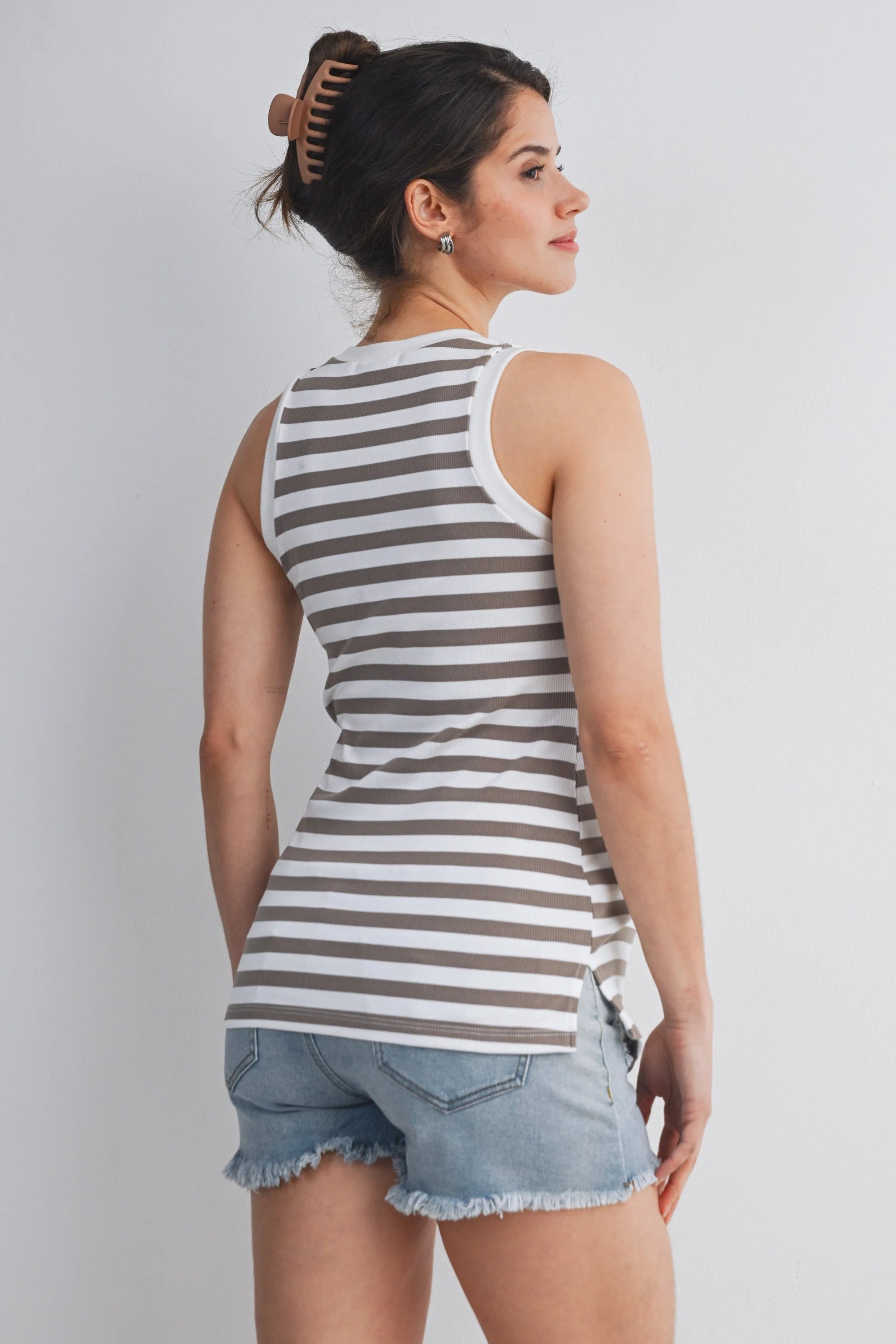 Taupe and White Striped Maternity Tank