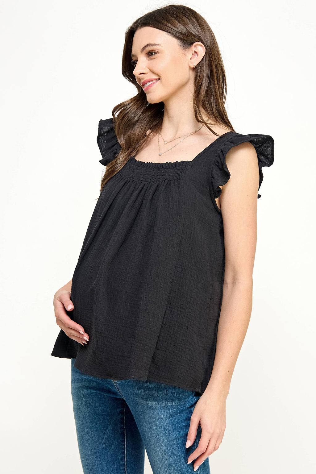 Black Ruffle Sleeve Square Neck Maternity Top