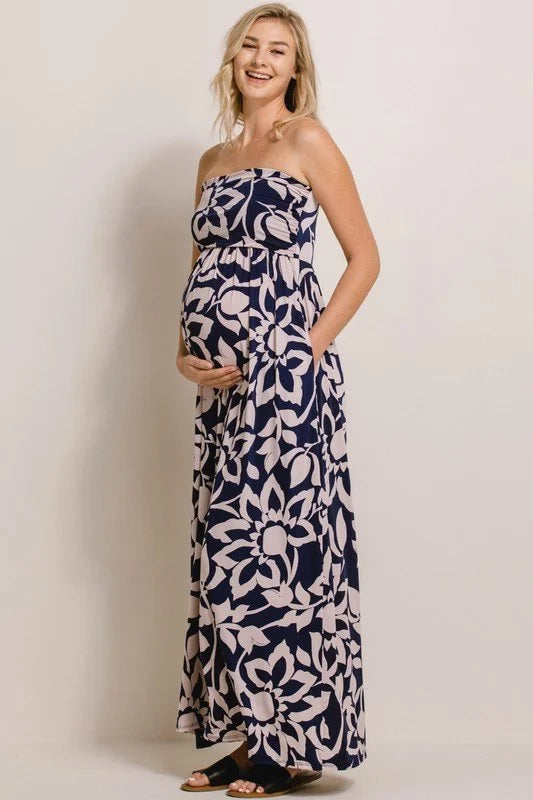 Navy/Taupe Floral Bliss Strapless Maternity Maxi Dress