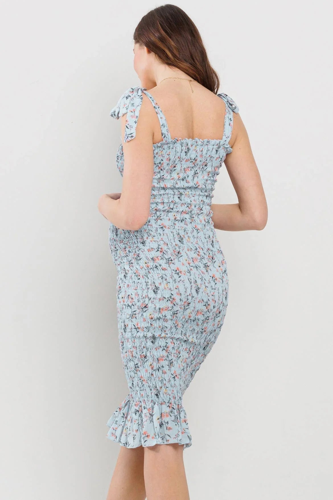 Ruched Baby Blue Floral Print Midi Maternity Dress