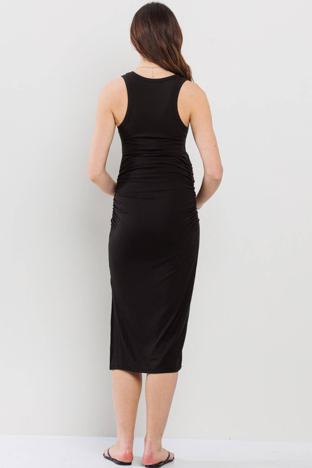 Black Ribbed Maternity Sleeveless Side-Ruched Midi Dress