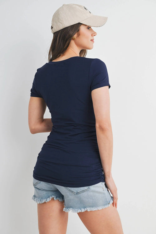 Black Basic Round Neck Ruched Short Sleeve Maternity T-Shirt