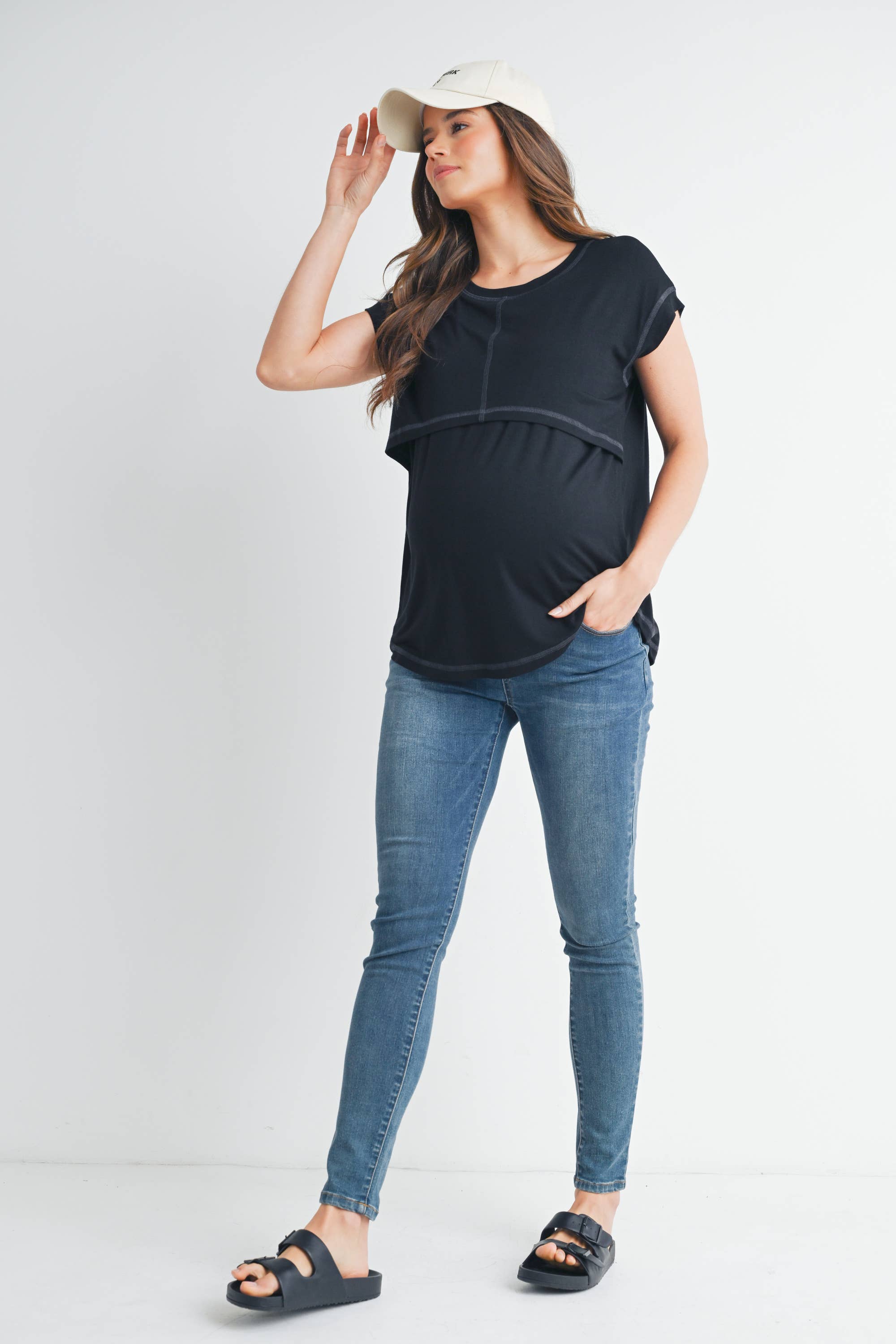 Double Layer Short Sleeve Maternity Nursing Top Black
