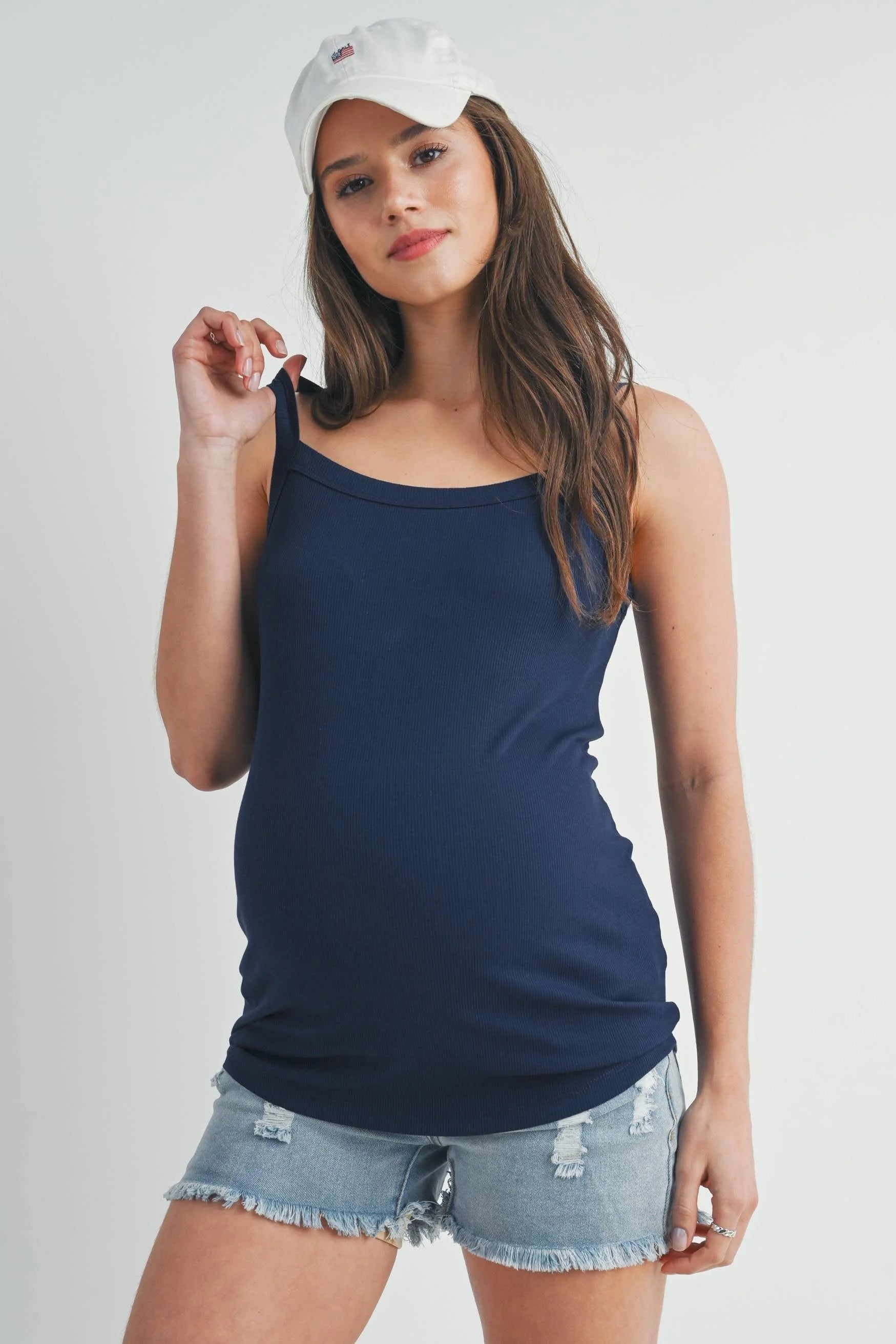 Black Ribbed Square Neck Maternity Solid Tank Top