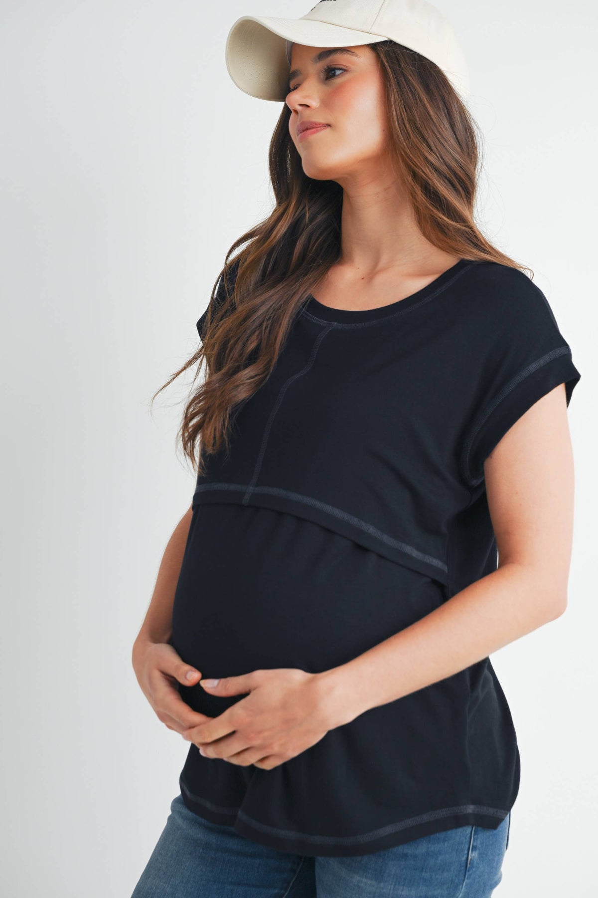 Double Layer Short Sleeve Maternity Nursing Top Black