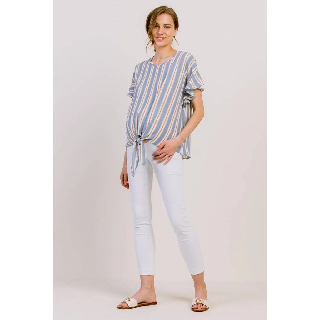Blue Striped Ruffle Sleeve Round Neck Maternity Blouse