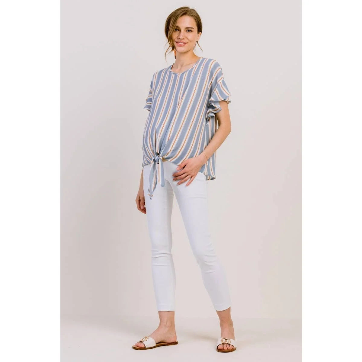 Blue Striped Ruffle Sleeve Round Neck Maternity Blouse