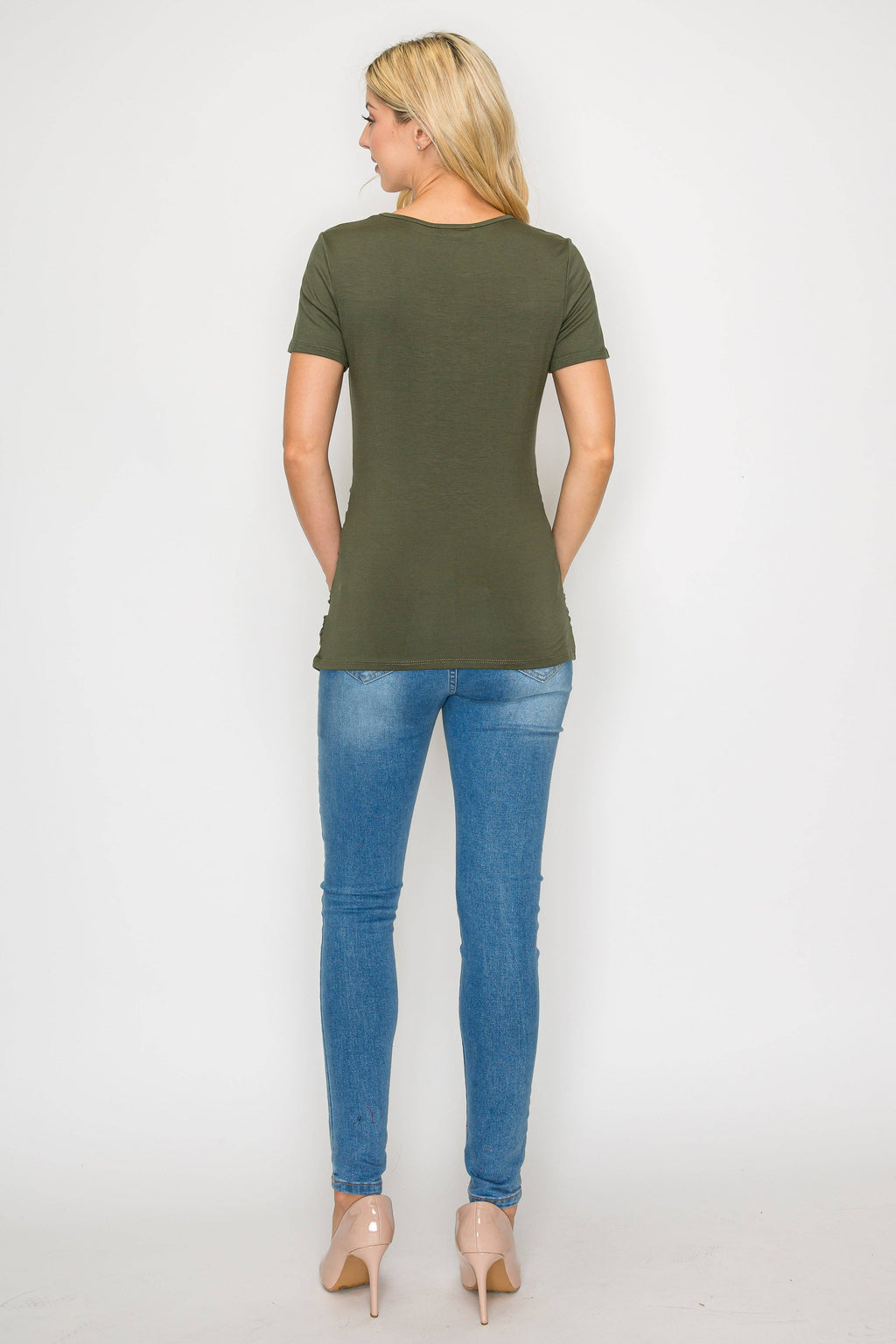 Elisse Casual Short Sleeve Maternity Top W/Side Ruching in Olive
