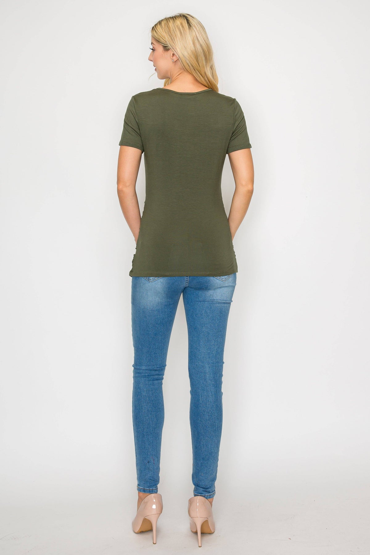 Elisse Casual Short Sleeve Maternity Top W/Side Ruching in Olive