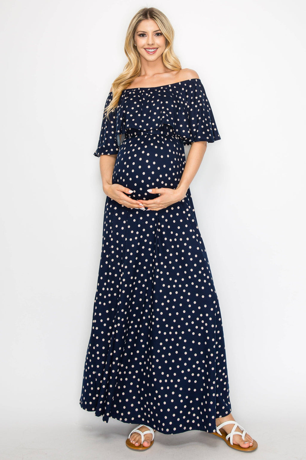 Off The Shoulder Navy/Polka Dot Maternity Maxi Dress