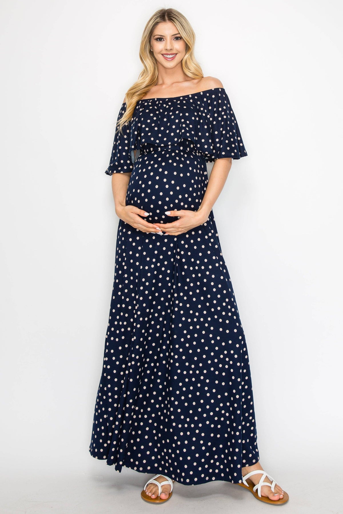 Off The Shoulder Navy/Polka Dot Maternity Maxi Dress
