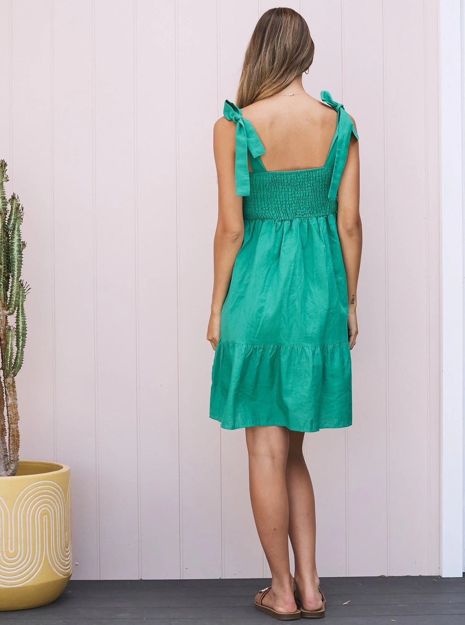 Lily Maternity Summer Shirred Green Linen Dress