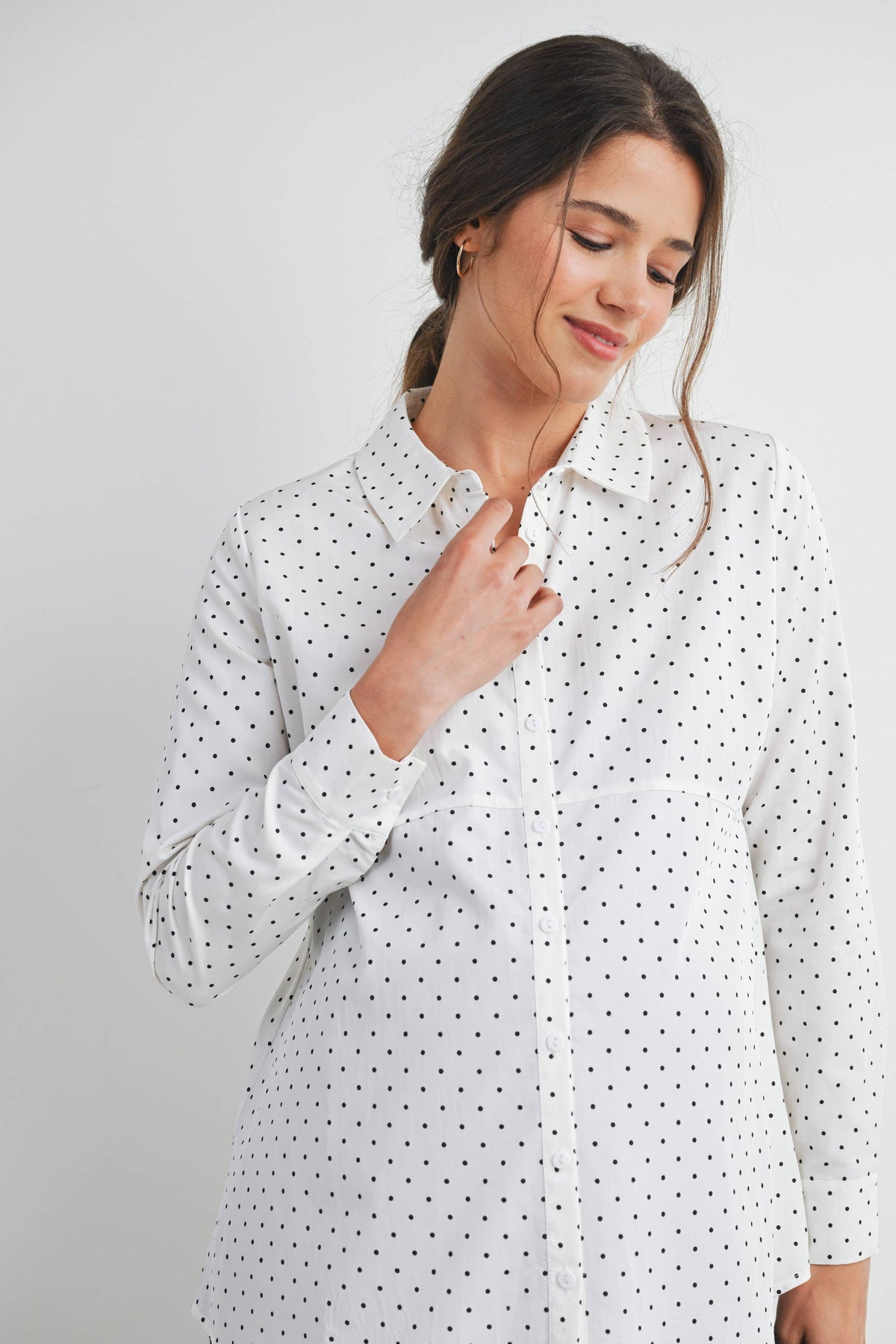 Polka Dot Button Down Long Sleeve Maternity Top