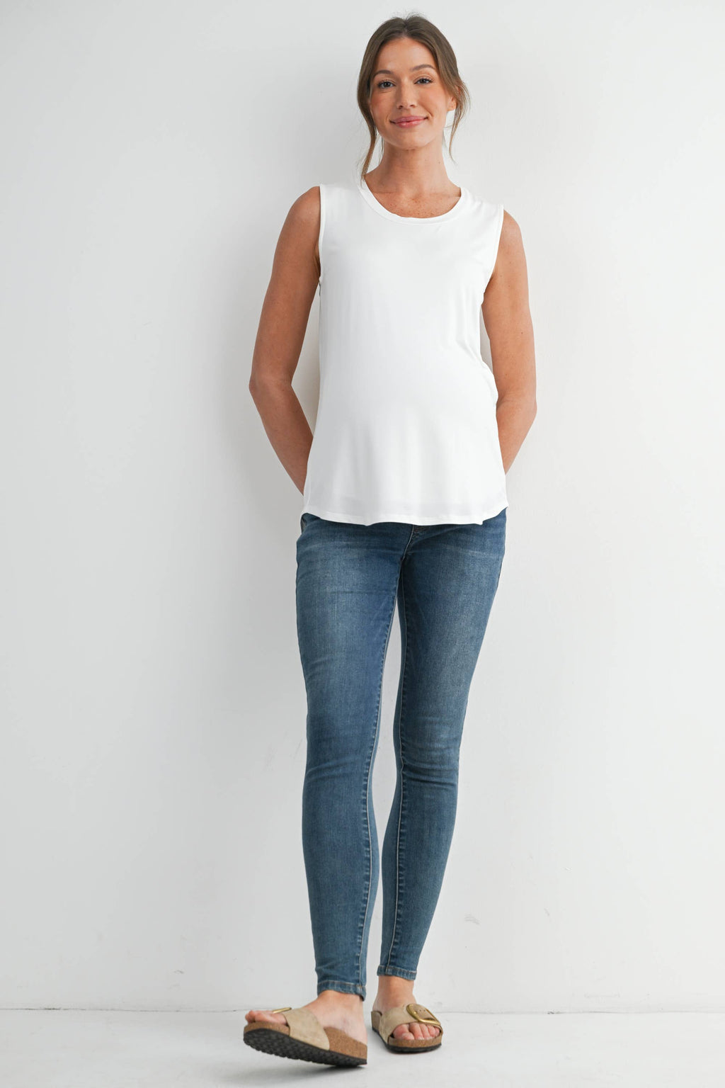 Double Layer Sleeveless Maternity Nursing Knit Tank Top in White