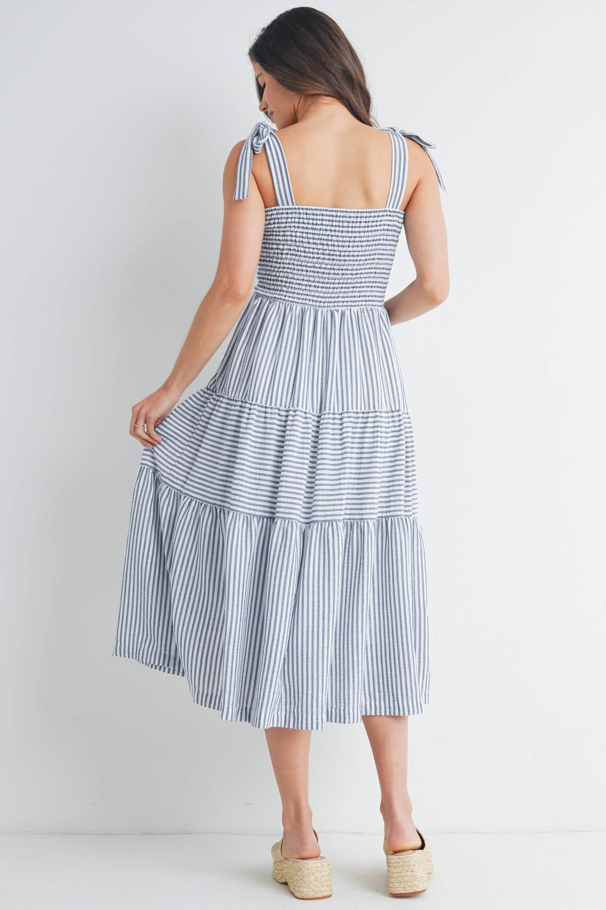 Striped Ruffle Tiered Maternity Midi Dress