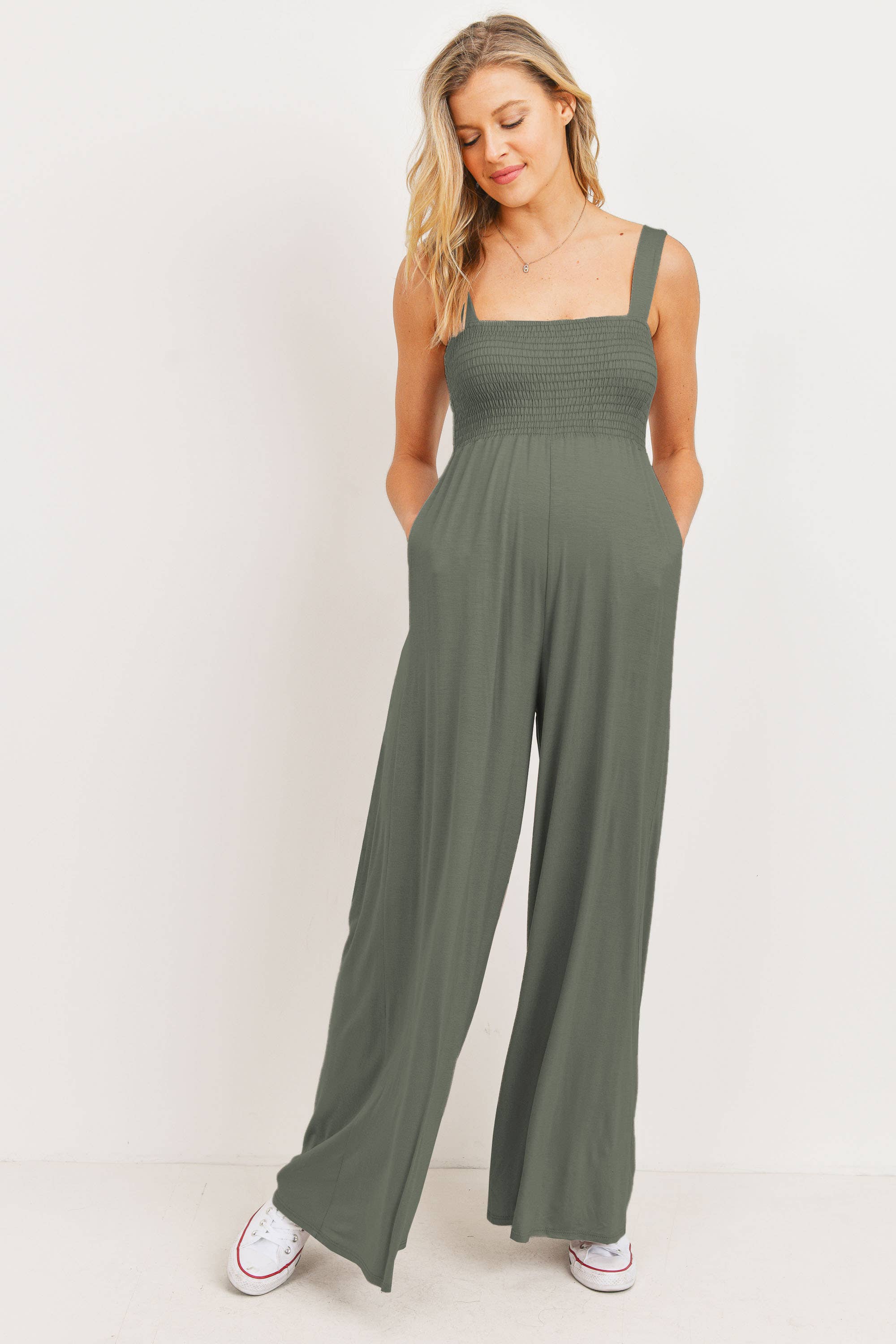 Sleeveless Smocked Maternity Wide Leg Jumpsuit in Olive