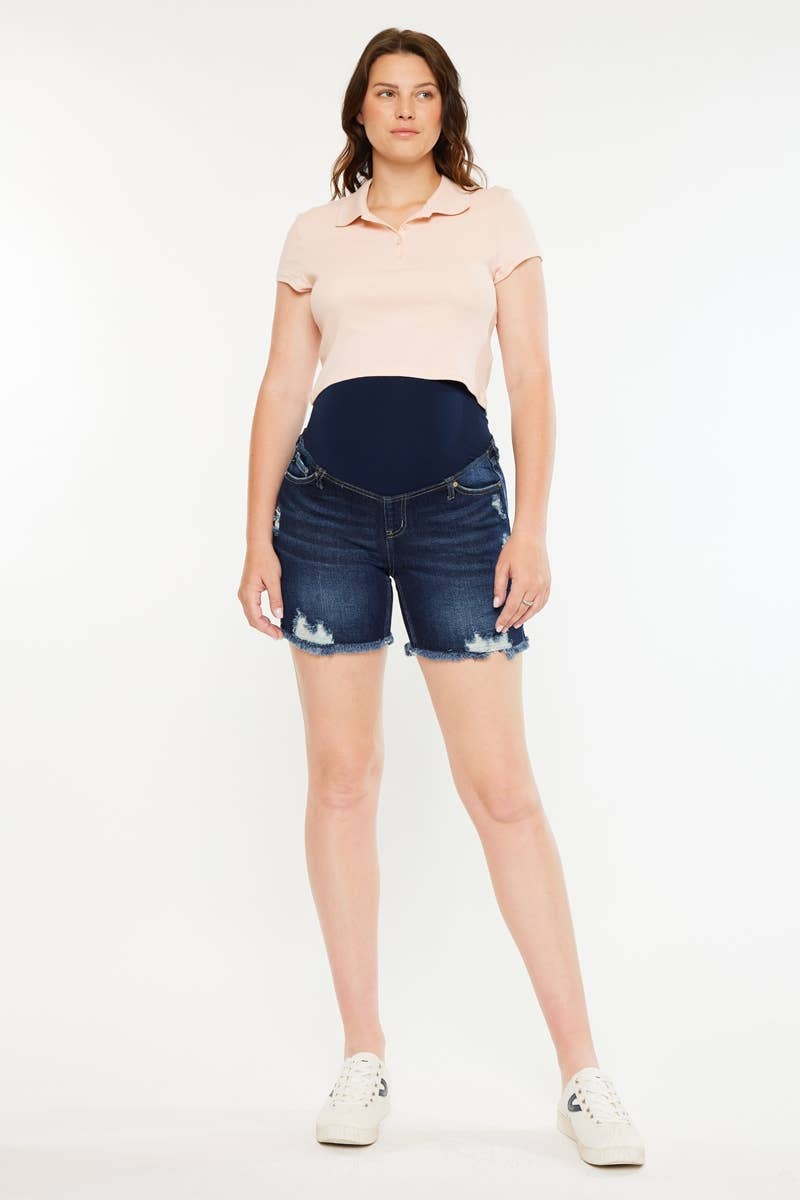 Distressed Maternity Dark Wash Denim Shorts