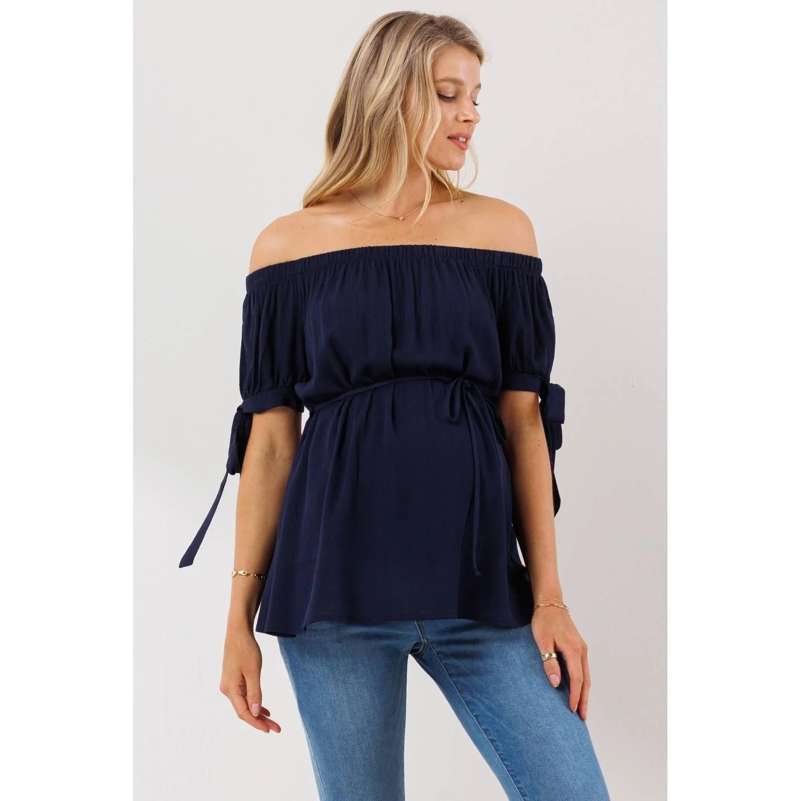 Off The Shoulder Tie-Sleeve Maternity Textured Top
