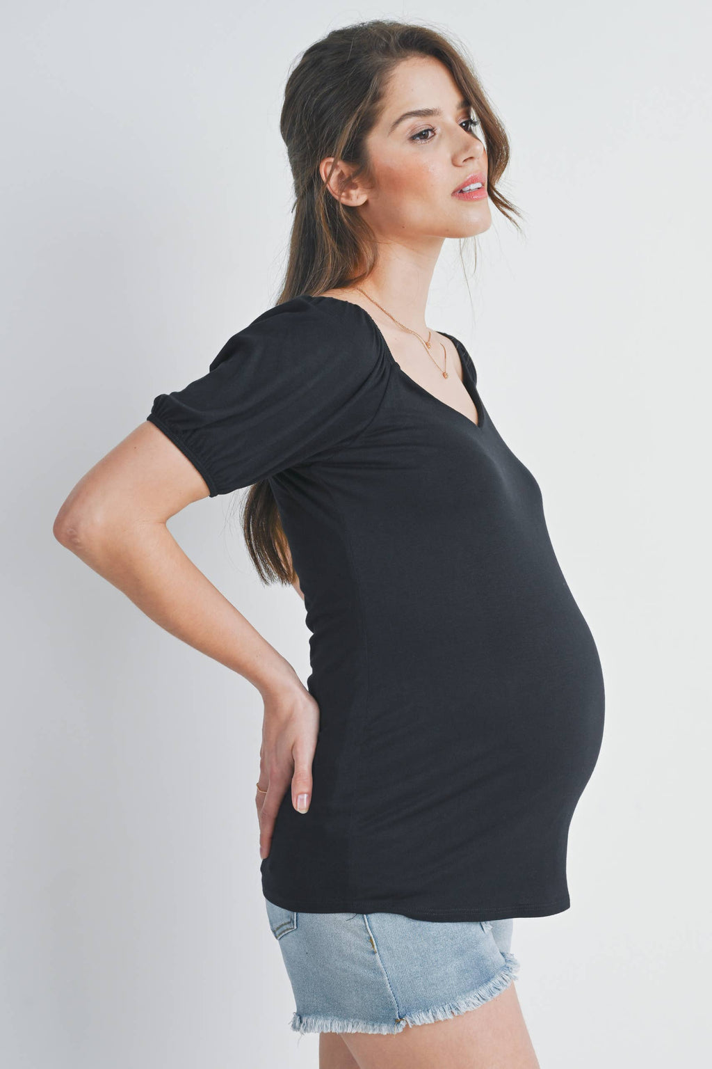 Sweetheart Short Sleeve Maternity Top in Black