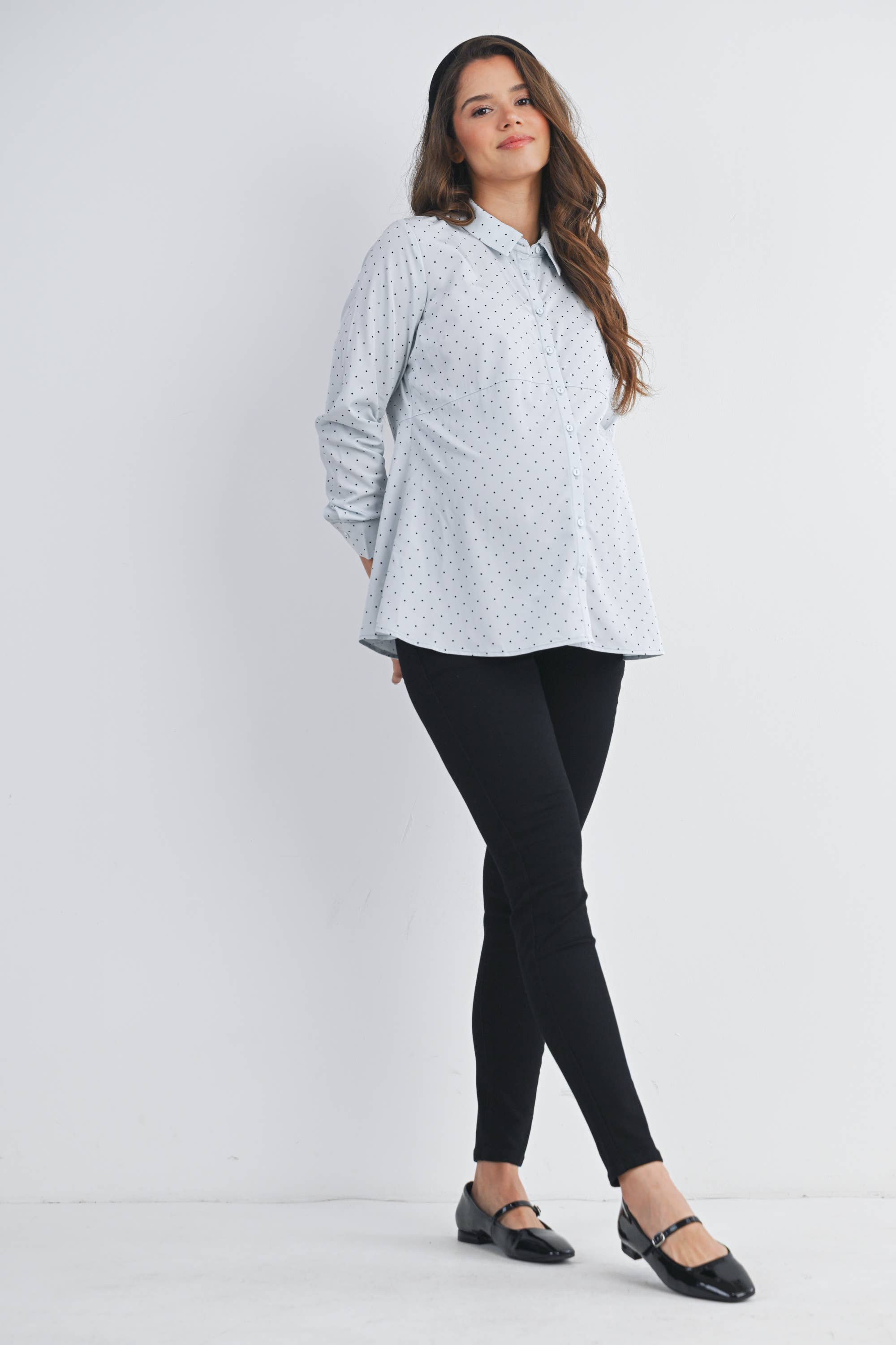 Polka Dot Button Down Long Sleeve Maternity Top