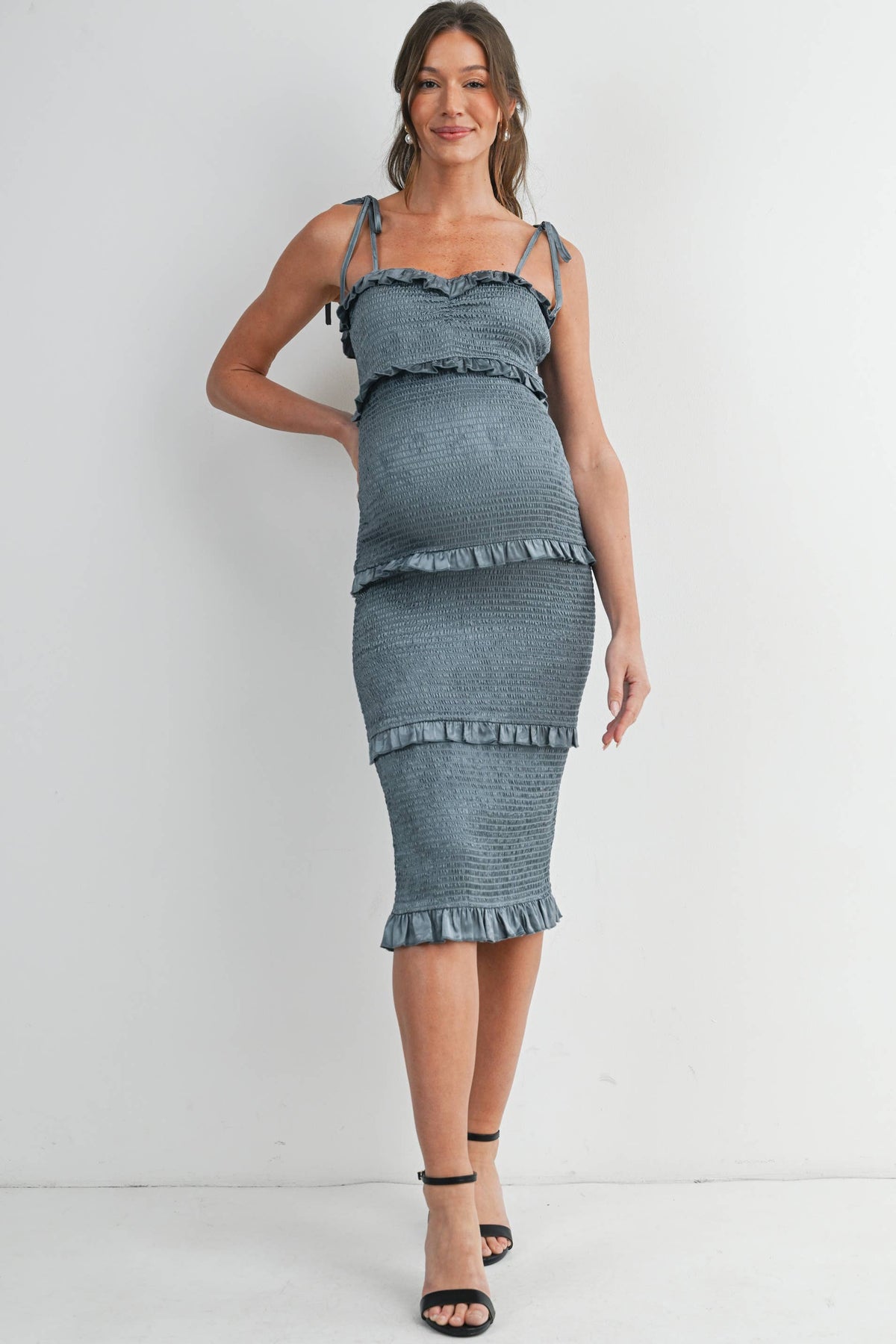 Smocked Ruffle Trim Maternity Midi Dress with Tie Straps in Teal