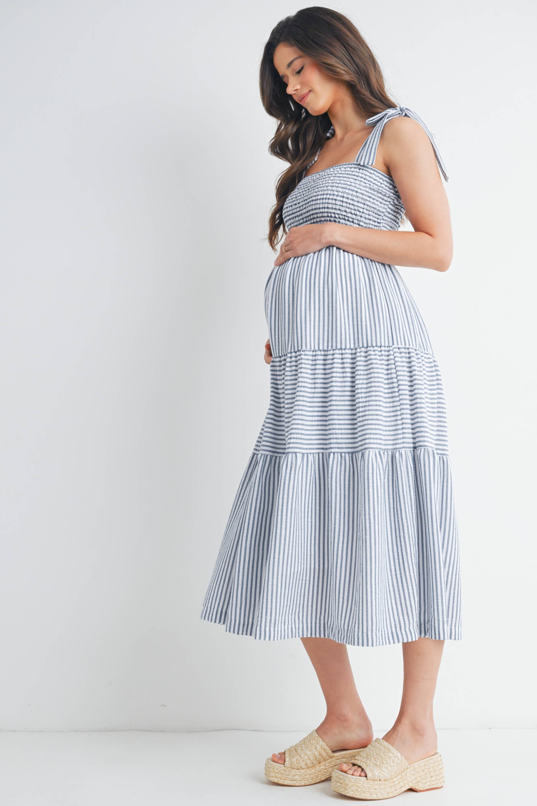 Striped Ruffle Tiered Maternity Midi Dress – Bump Maternity