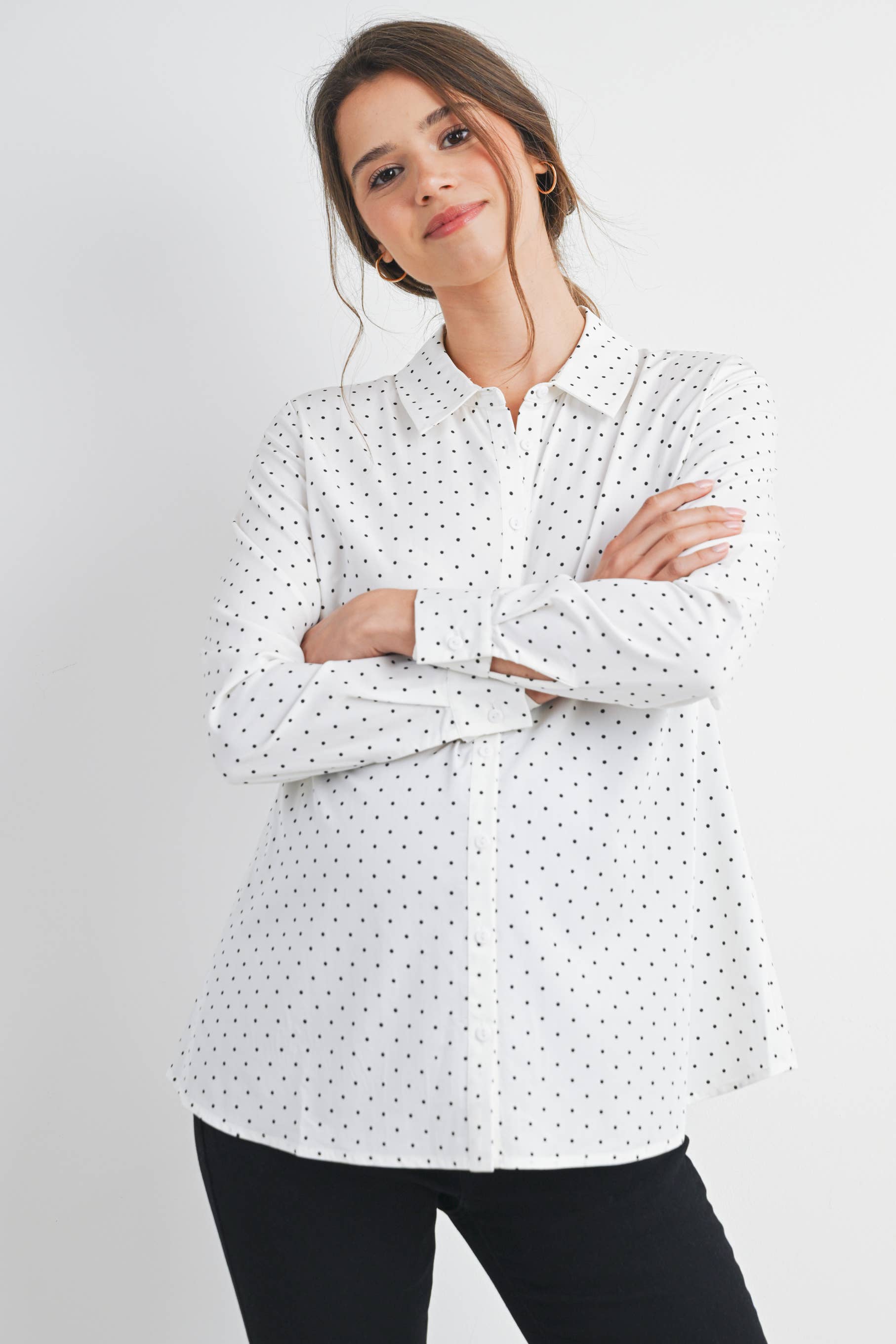 Polka Dot Button Down Long Sleeve Maternity Top
