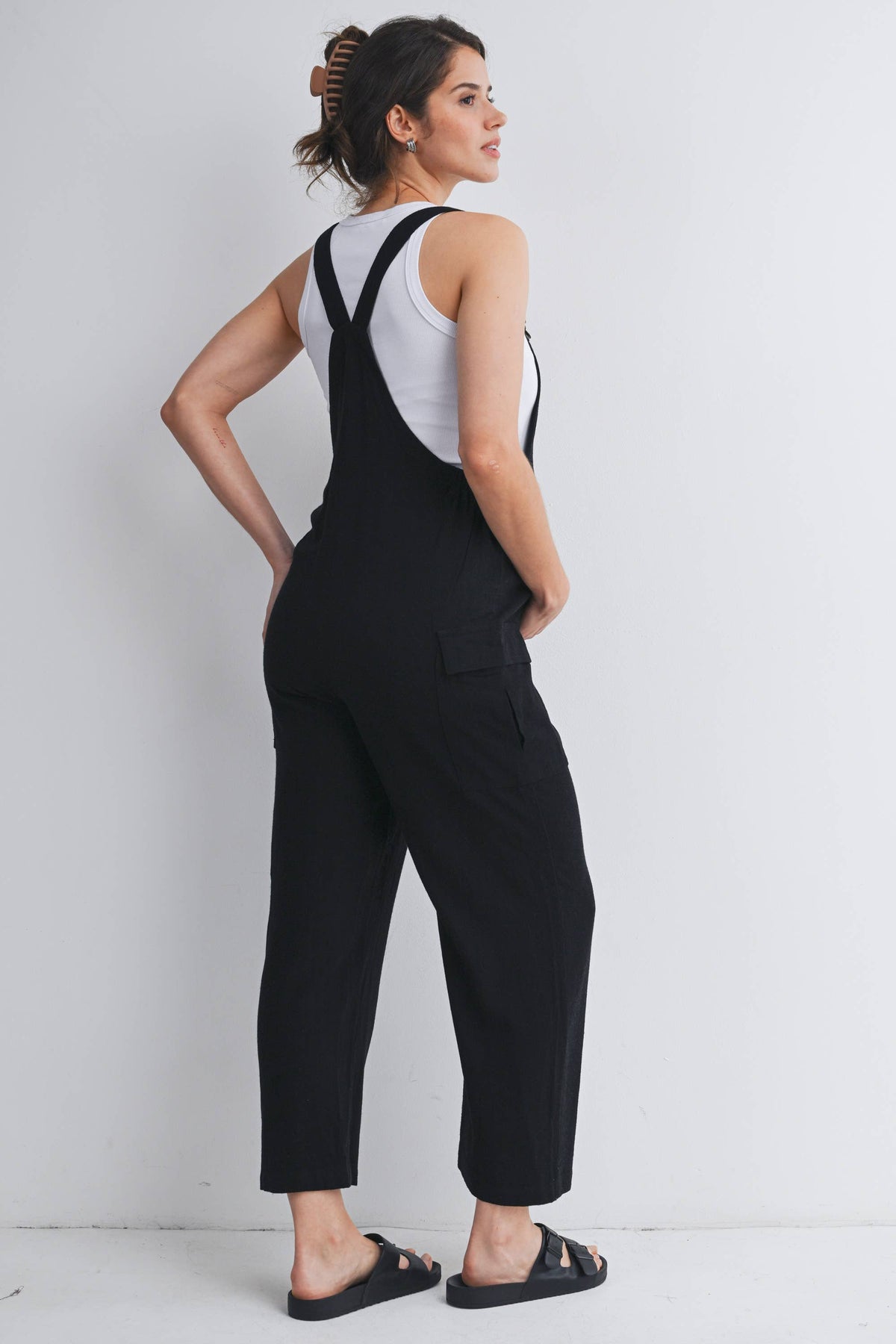 Straight Leg Maternity Adjustable Overalls in Black