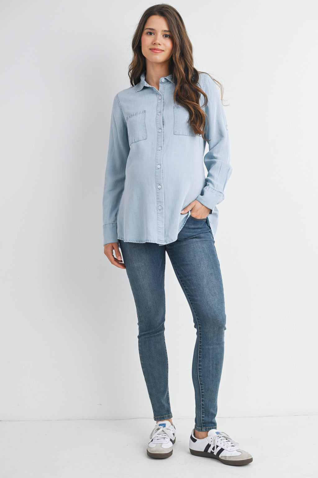 Button Down Long Sleeve Chambray Maternity Top