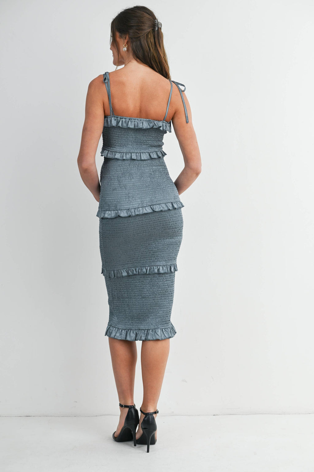 Smocked Ruffle Trim Maternity Midi Dress with Tie Straps in Teal