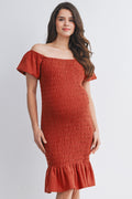 Rust Colored Shirred Off the Shoulder Maternity Dress
