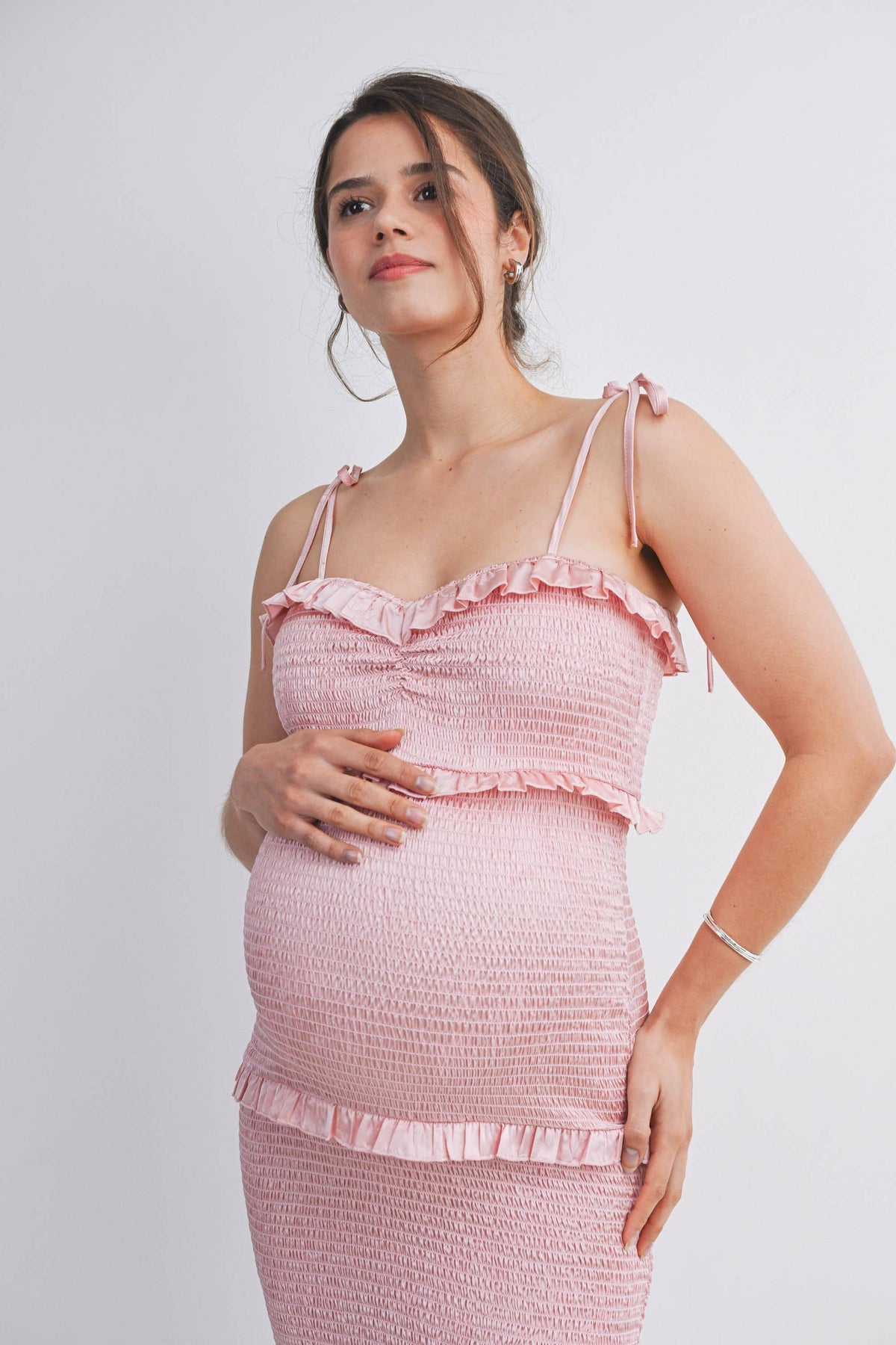 Smocked Ruffle Trim Maternity Midi Dress with Tie Straps in Peachy Pink