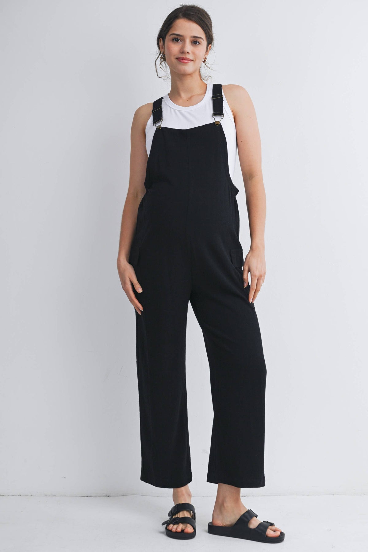 Straight Leg Maternity Adjustable Overalls in Black