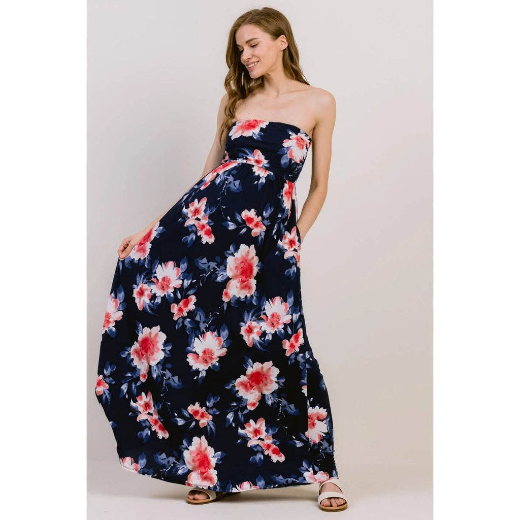 Navy Floral Bliss Strapless Maternity Maxi Dress