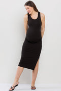 Black Ribbed Maternity Sleeveless Side-Ruched Midi Dress