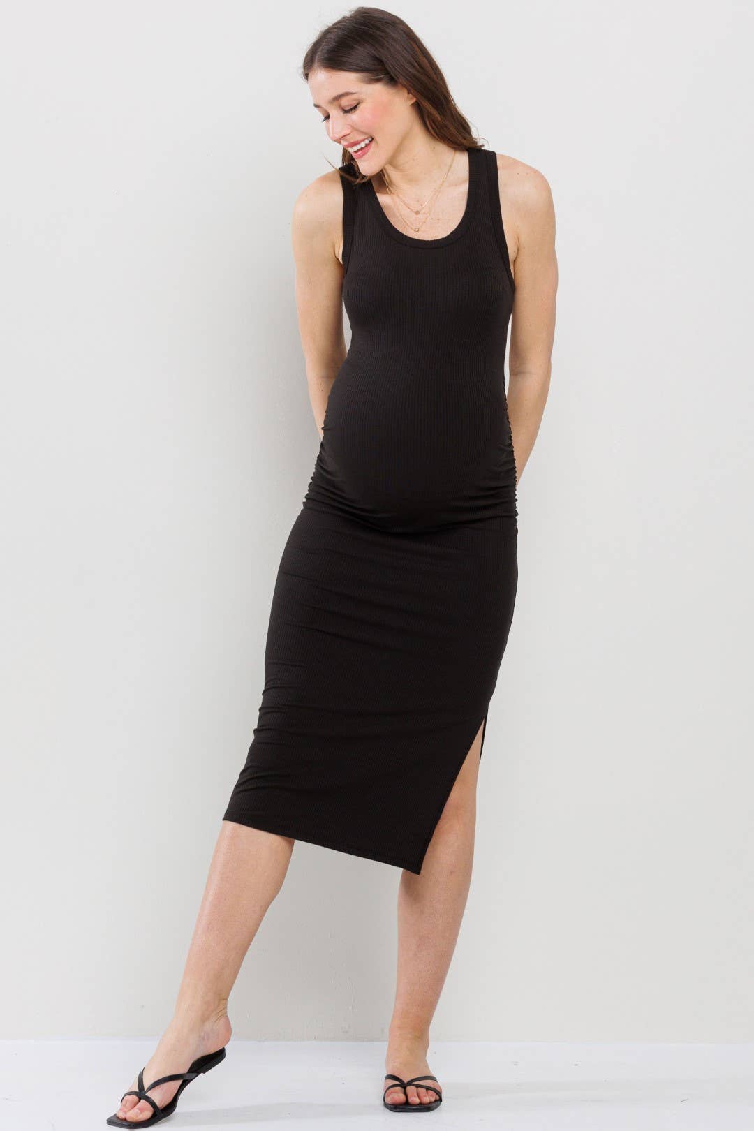 Black Ribbed Maternity Sleeveless Side-Ruched Midi Dress