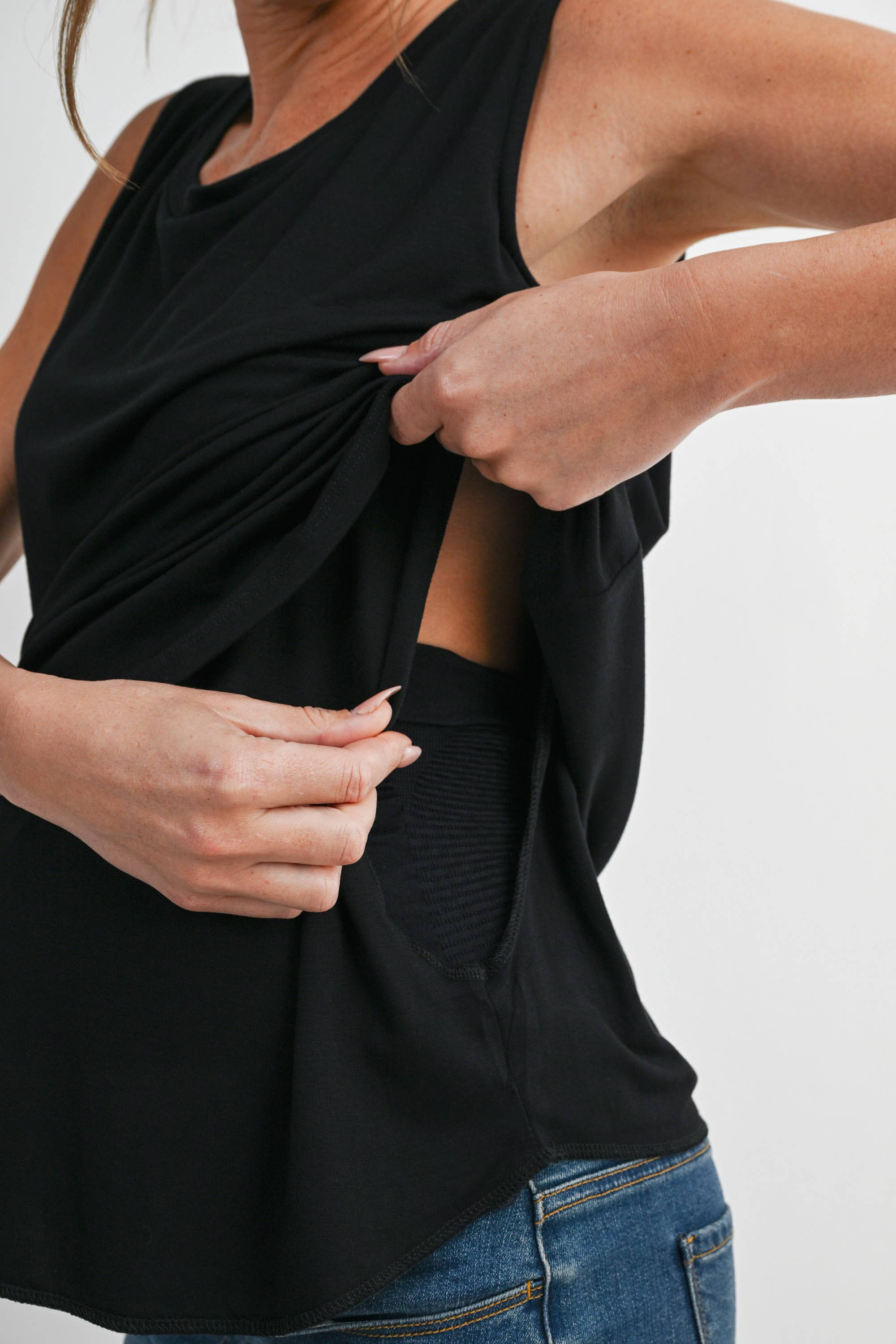 Double Layer Sleeveless Maternity Nursing Knit Tank Top in Black