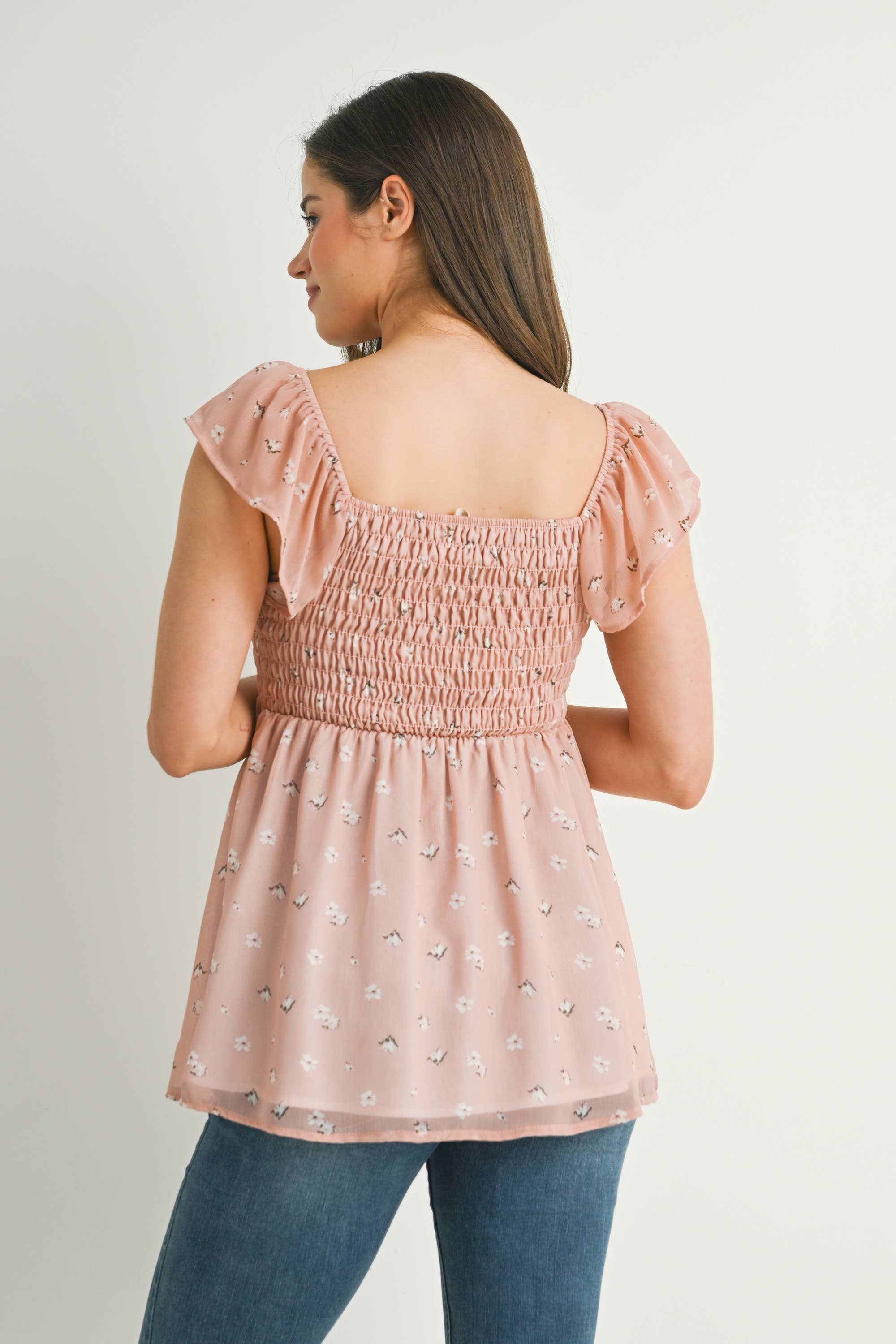 Floral Flutter Sleeve Maternity Smocked Top