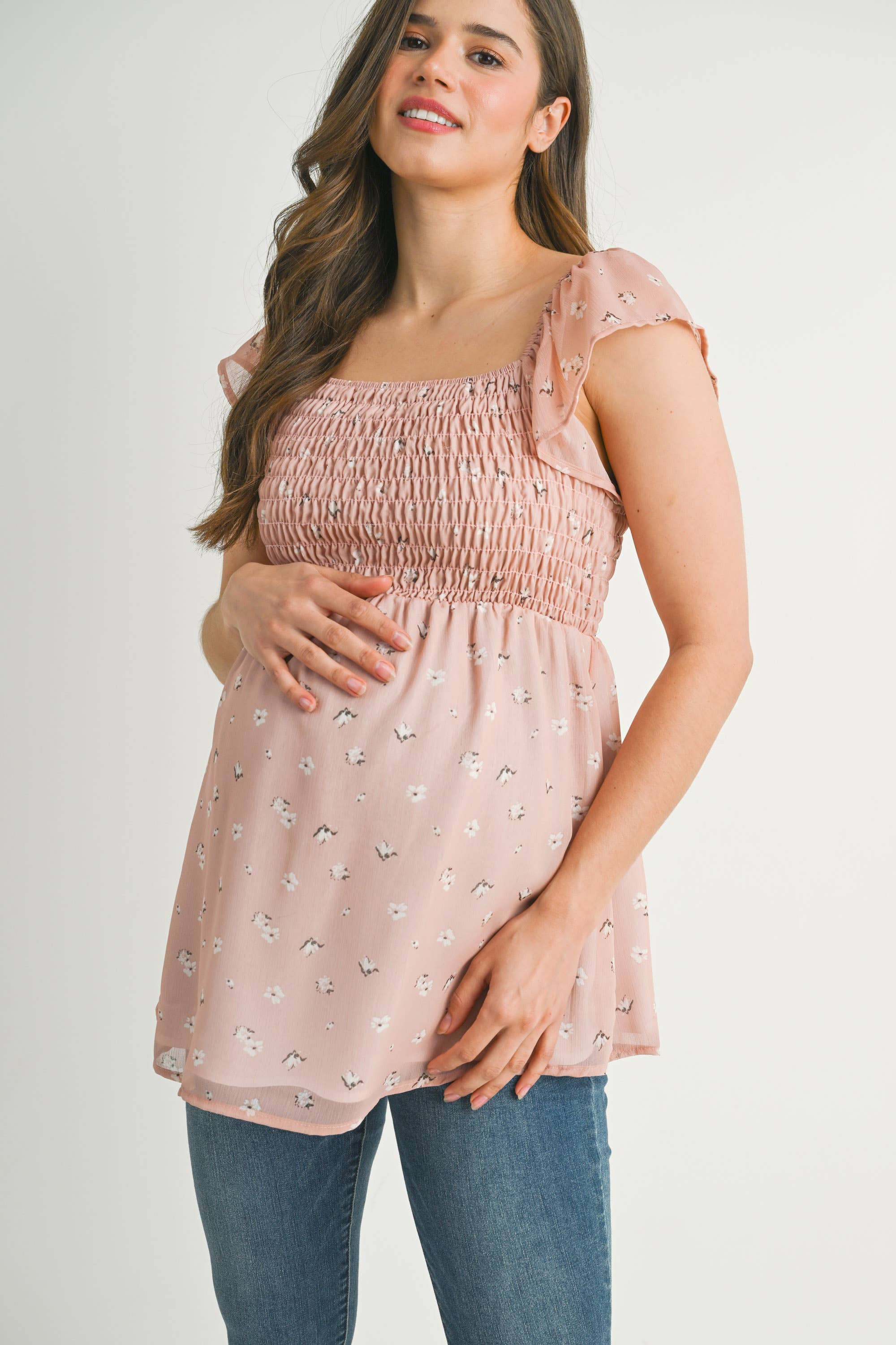 Floral Flutter Sleeve Maternity Smocked Top