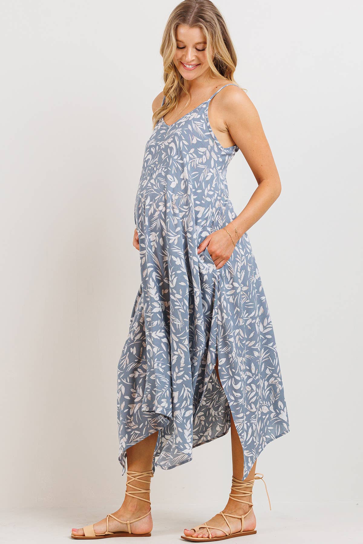 Light Blue Floral Asymmetric Maternity Midi Dress