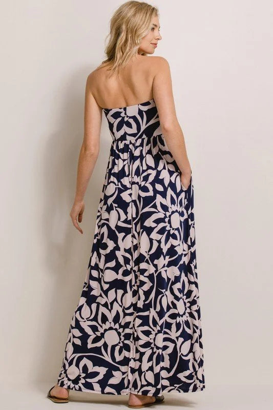 Navy/Taupe Floral Bliss Strapless Maternity Maxi Dress