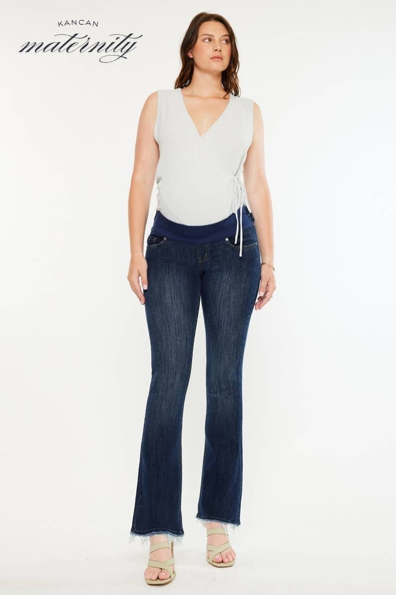 Kan Can Frayed Hem Dark Wash Maternity Bootcut Jean