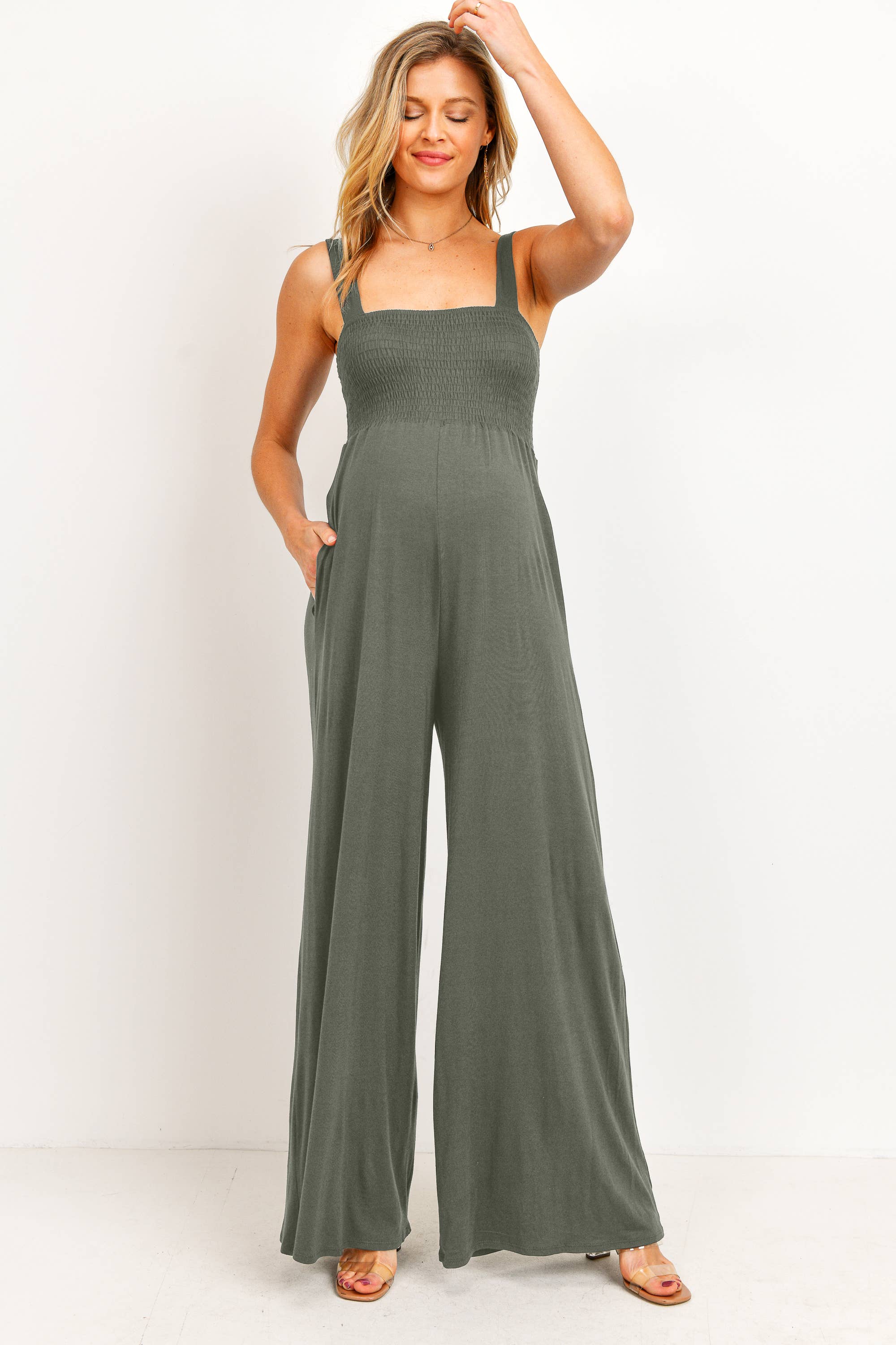 Sleeveless Smocked Maternity Wide Leg Jumpsuit in Olive