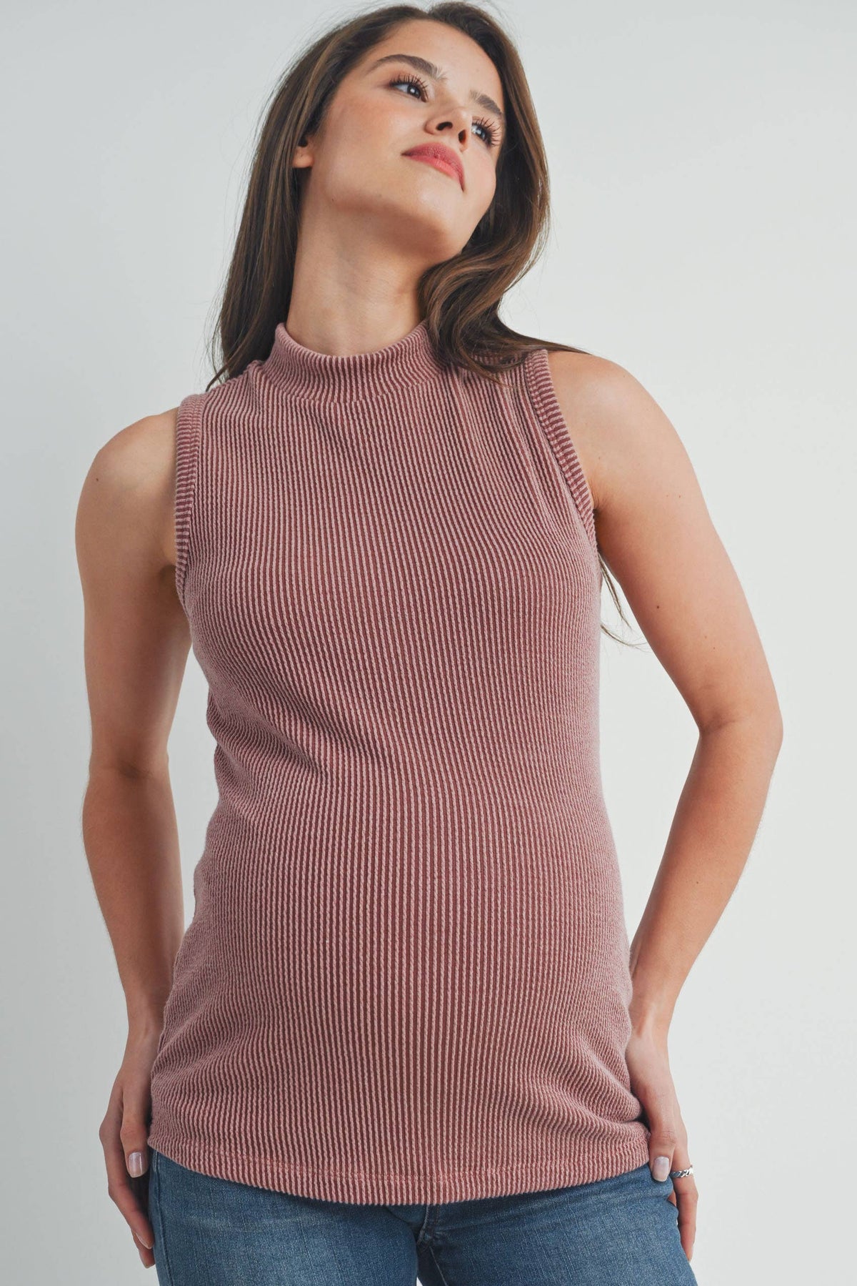 Ribbed Mock Neck Maternity Tank Top Red Brown